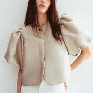 H&M Puff-Sleeved Satin Blouse – Taupe Beige